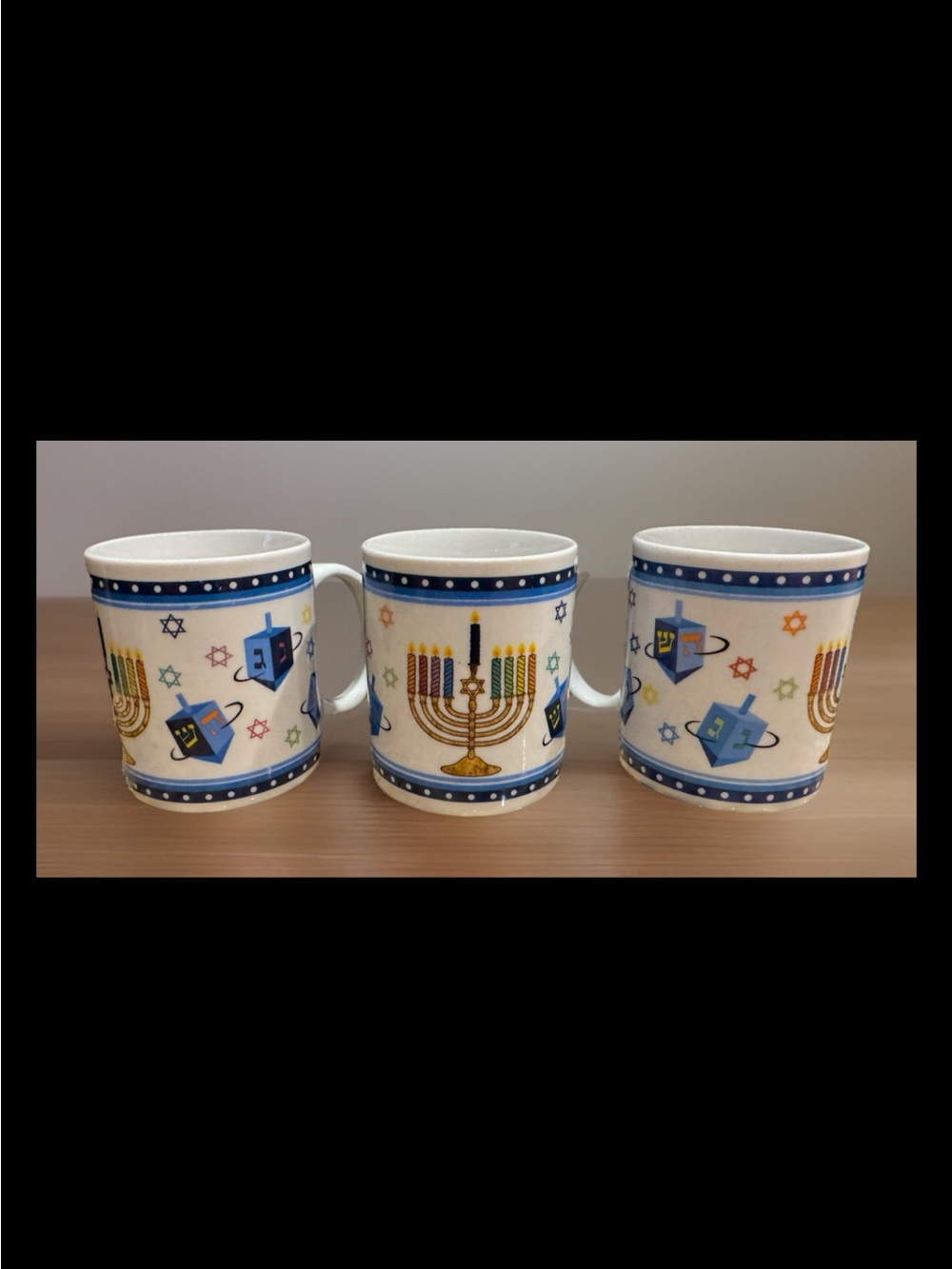 Hanukkah Menorah and Dreidel Ceramic Mug - Blue and Gold Vintage : Set of (3)